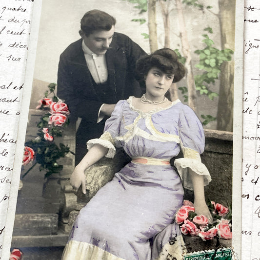 1900s - Antique French Hand-Colored Photo Postcard - Elegant Woman - Melancholy Garden Scene - Belle Époque Romance - Vintage Fine Art