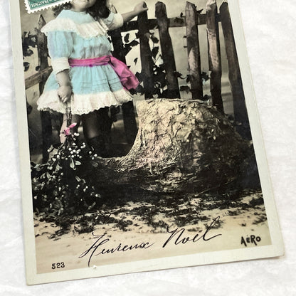 1910s - Vintage French Postcard - Young Girl with Mistletoe - Hand-Tinted Christmas Greeting - Rustic Scene - Aero Publisher Collectible