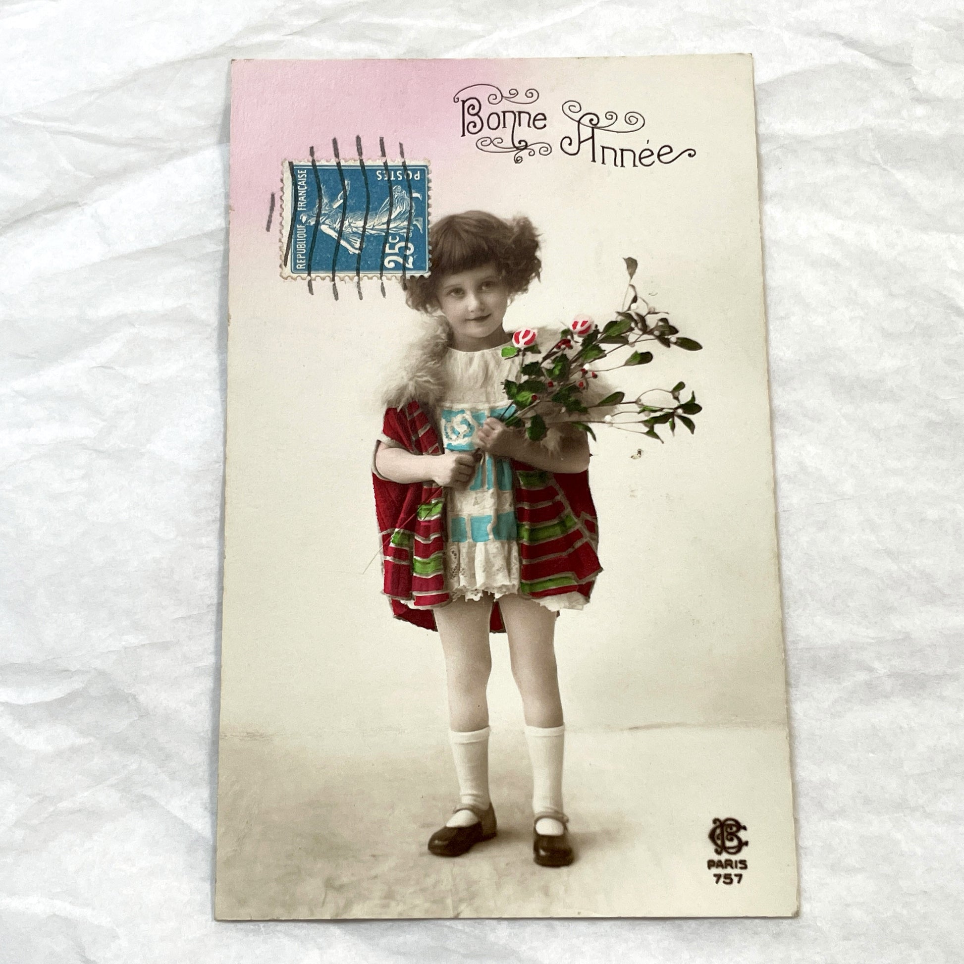 1910s - French New Year Postcard - Charming Young Girl Studio Portrait - Hand-Colored Greeting - Bonne Année - Paris 757 Collectible