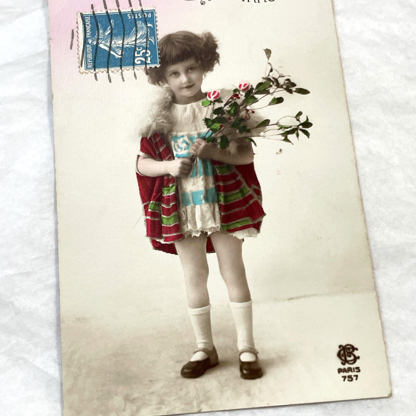 1910s - French New Year Postcard - Charming Young Girl Studio Portrait - Hand-Colored Greeting - Bonne Année - Paris 757 Collectible