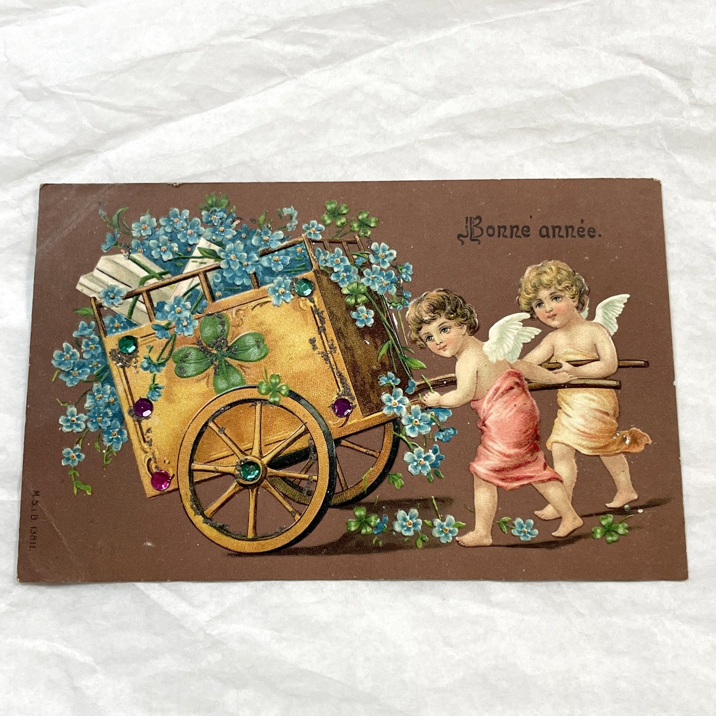1900s - Antique French New Year Postcard - Cherubs Pulling Flower Cart - Glitter - Gemstone Accents - Edwardian Greeting Card