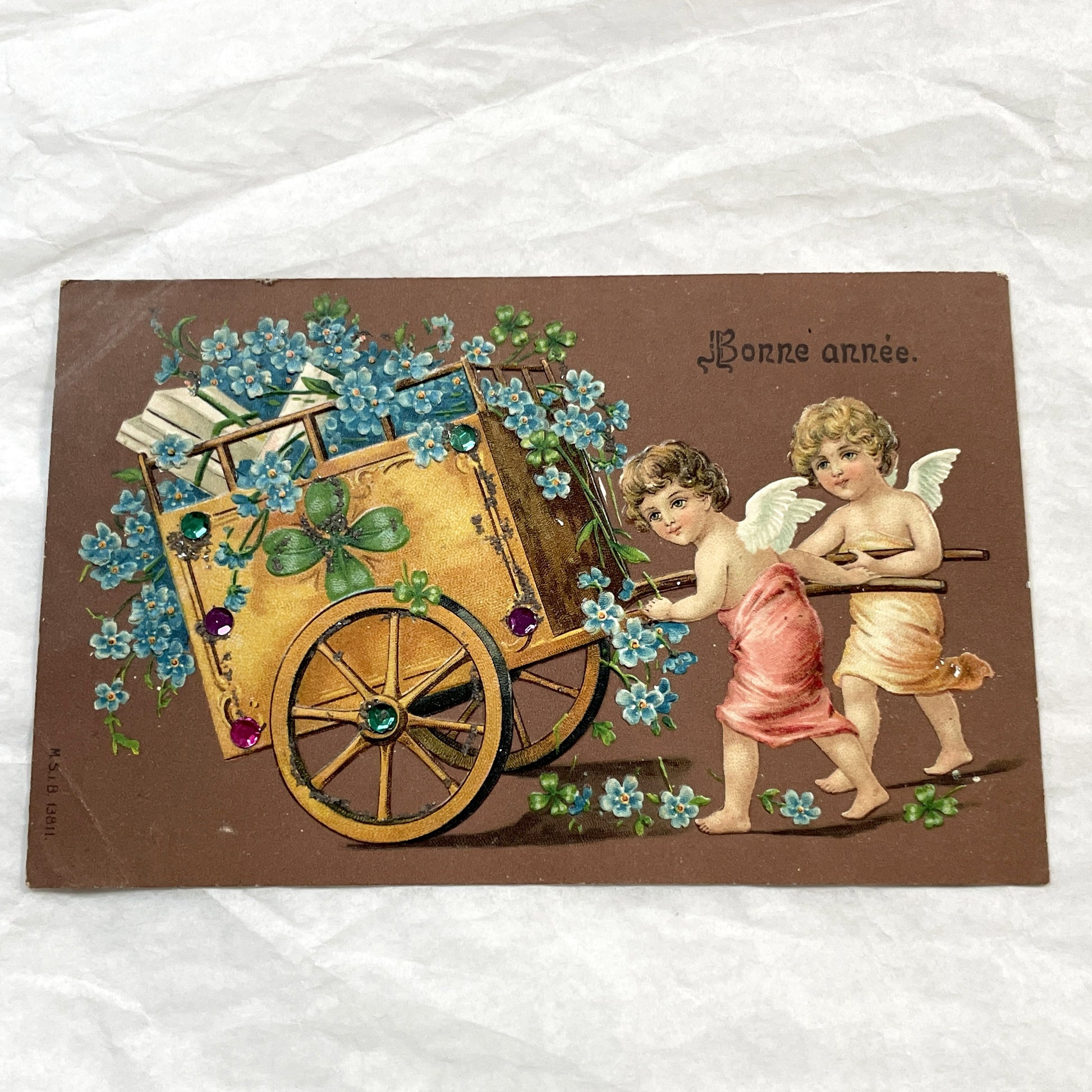 1900s - Antique French New Year Postcard - Cherubs Pulling Flower Cart - Glitter - Gemstone Accents - Edwardian Greeting Card