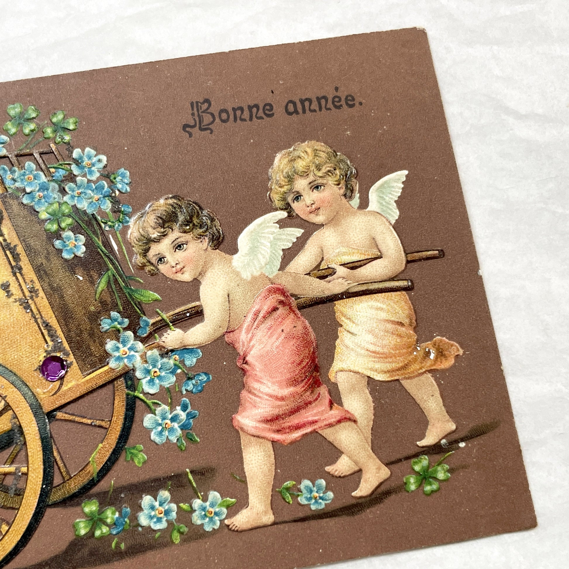 1900s - Antique French New Year Postcard - Cherubs Pulling Flower Cart - Glitter - Gemstone Accents - Edwardian Greeting Card