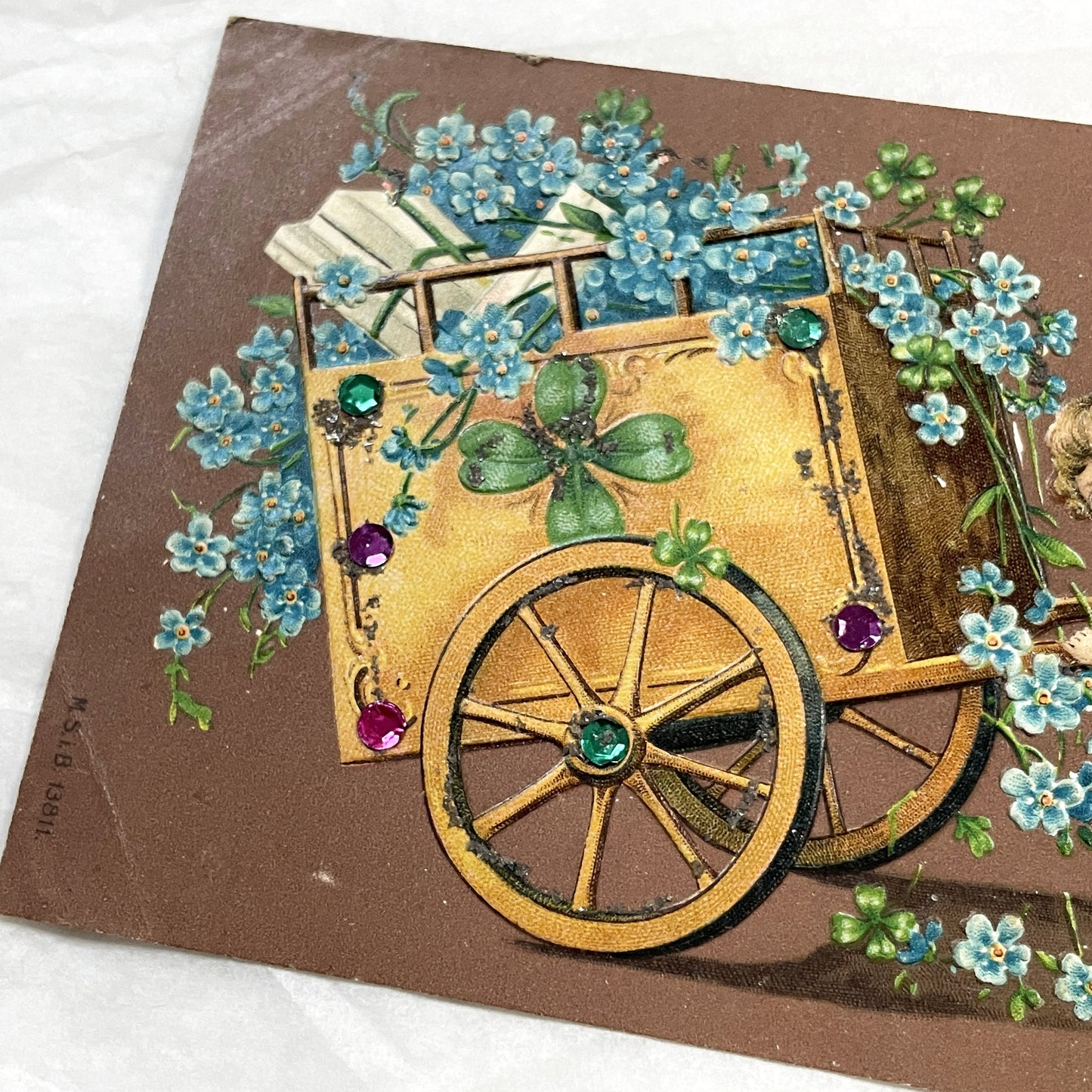 1900s - Antique French New Year Postcard - Cherubs Pulling Flower Cart - Glitter - Gemstone Accents - Edwardian Greeting Card