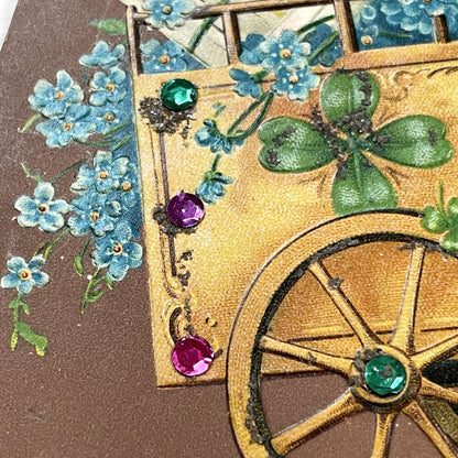 1900s - Antique French New Year Postcard - Cherubs Pulling Flower Cart - Glitter - Gemstone Accents - Edwardian Greeting Card