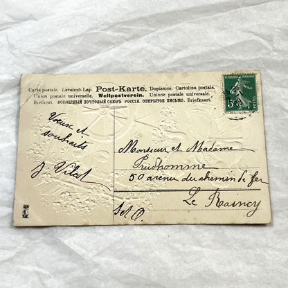 1900s - Antique French New Year Postcard - Cherubs Pulling Flower Cart - Glitter - Gemstone Accents - Edwardian Greeting Card