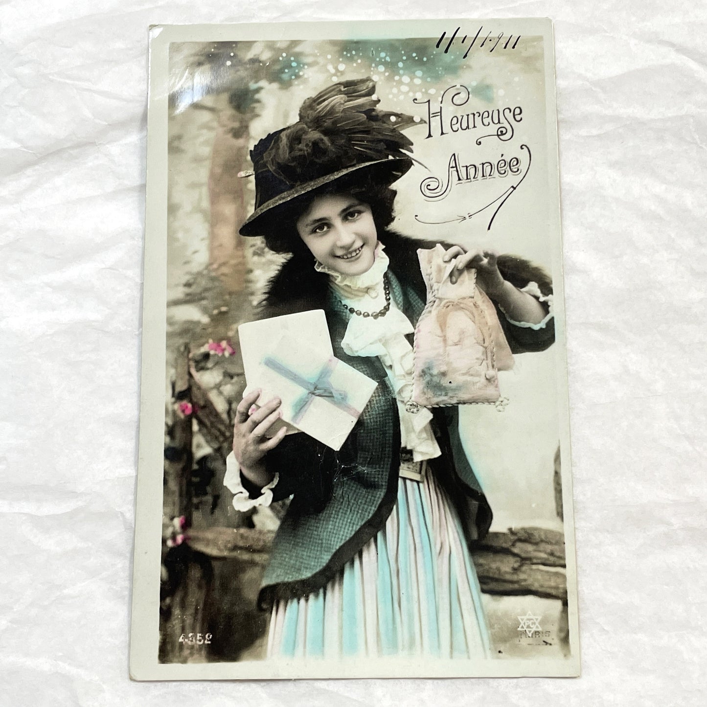1910s - Vintage French Happy New Year Postcard - Elegant Lady with Gift - Antique Ephemera Collectible Paper Art