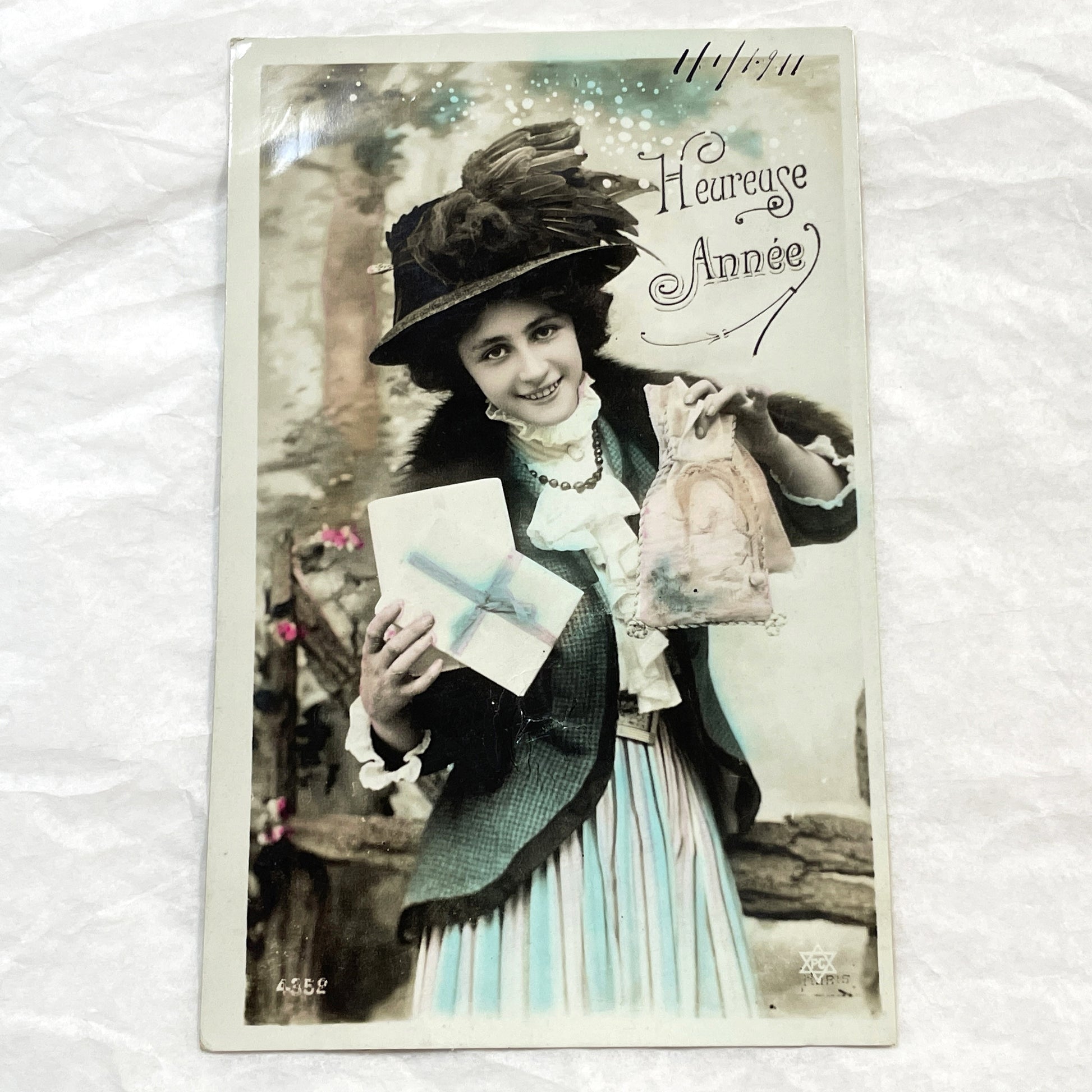 1910s - Vintage French Happy New Year Postcard - Elegant Lady with Gift - Antique Ephemera Collectible Paper Art