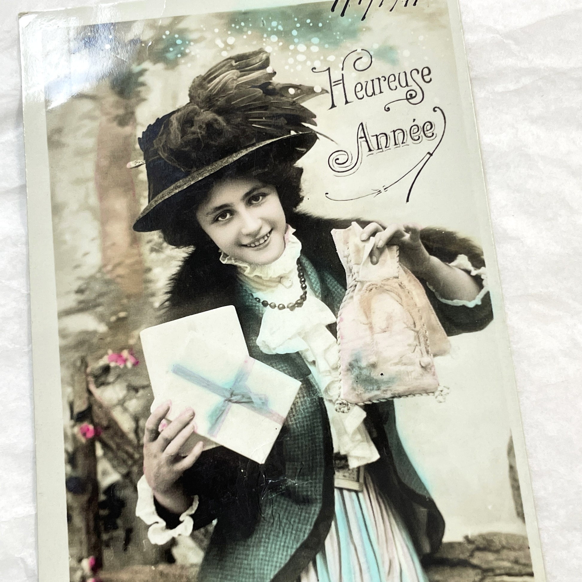 1910s - Vintage French Happy New Year Postcard - Elegant Lady with Gift - Antique Ephemera Collectible Paper Art