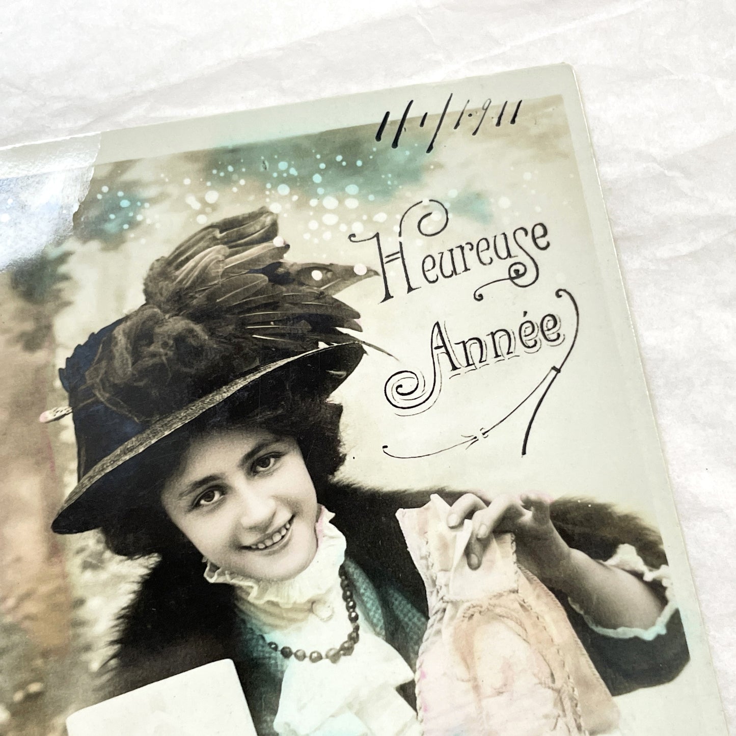 1910s - Vintage French Happy New Year Postcard - Elegant Lady with Gift - Antique Ephemera Collectible Paper Art