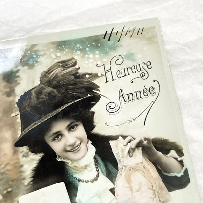 1910s - Vintage French Happy New Year Postcard - Elegant Lady with Gift - Antique Ephemera Collectible Paper Art