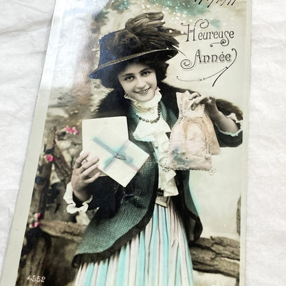 1910s - Vintage French Happy New Year Postcard - Elegant Lady with Gift - Antique Ephemera Collectible Paper Art