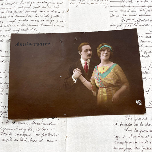 1910s - French Hand-Colored Postcard - Elegant Couple Dancing - Vintage Anniversary Card - Romantic Ephemera - Belle Époque Style Décor