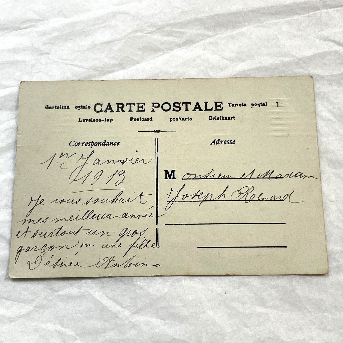 1910s - Vintage French Postcard - Two Children with Mailbox - Heureuse Année - Hand-Tinted Collectible - Antique Ephemera