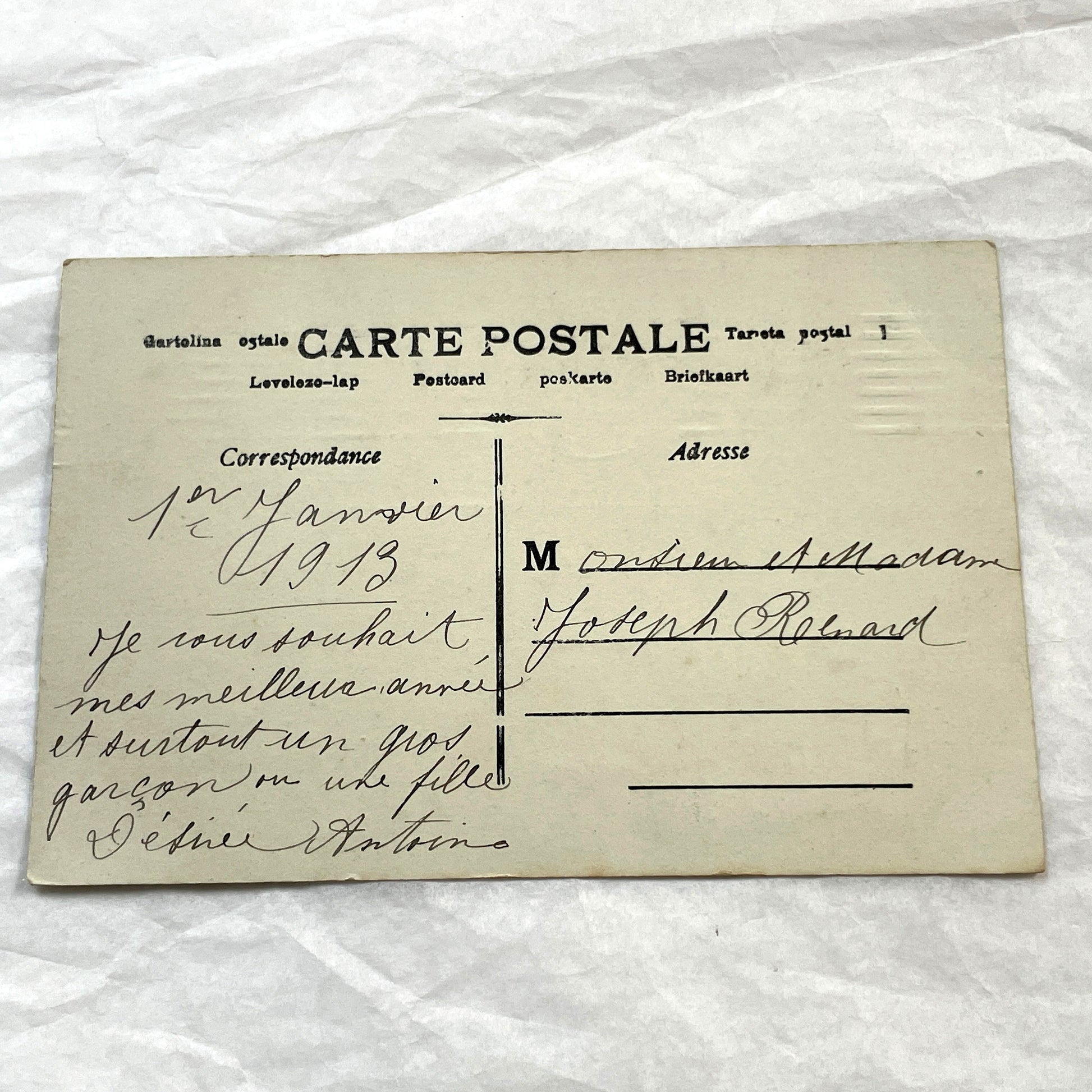 1910s - Vintage French Postcard - Two Children with Mailbox - Heureuse Année - Hand-Tinted Collectible - Antique Ephemera