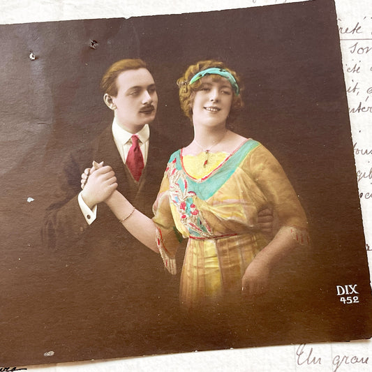 1910s - French Hand-Colored Postcard - Elegant Couple Dancing - Vintage Anniversary Card - Romantic Ephemera - Belle Époque Style Décor