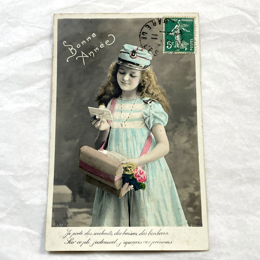 1910s - French New Year Postcard - Young Girl Delivering Wishes - Hand-Colored Photo - Vintage Ephemera - Collectible Memorabilia Art