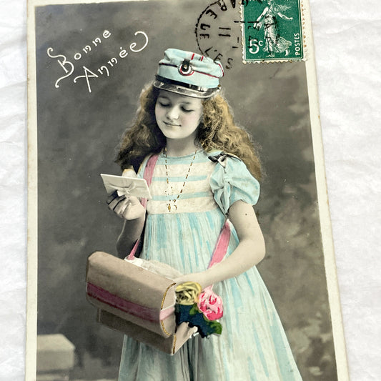 1910s - French New Year Postcard - Young Girl Delivering Wishes - Hand-Colored Photo - Vintage Ephemera - Collectible Memorabilia Art