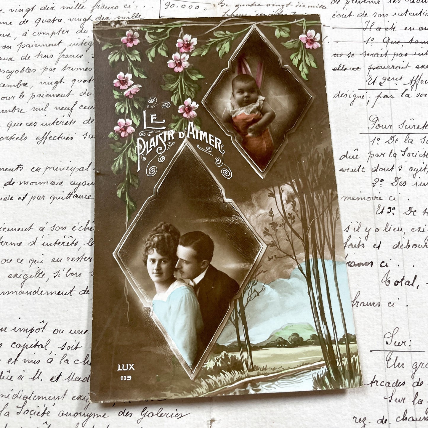 1910s - Antique French Postcard - Le Plaisir D'Aimer - Sepia Photo Insets - Romantic Couple - Lux 119 - Chromo Love Card