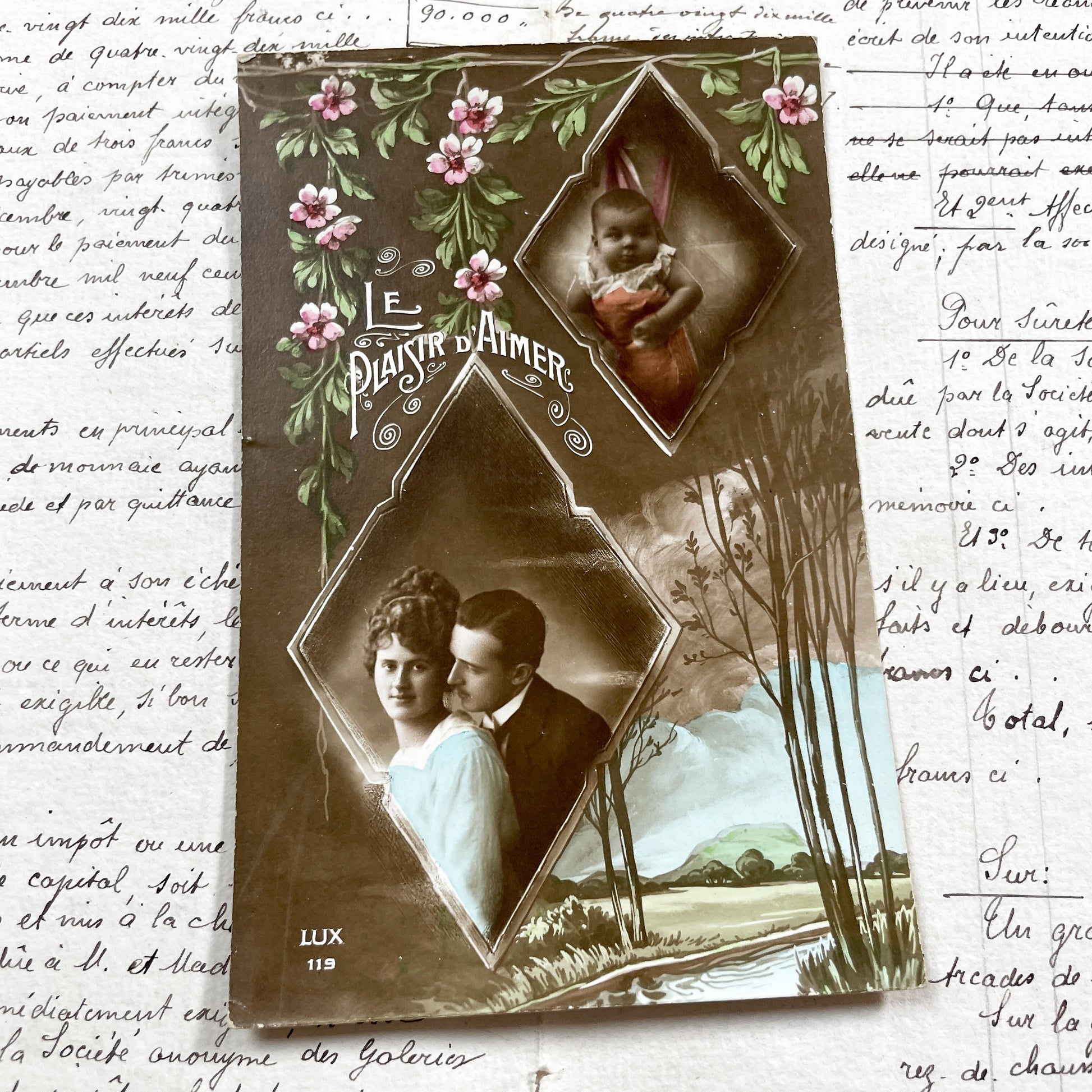 1910s - Antique French Postcard - Le Plaisir D'Aimer - Sepia Photo Insets - Romantic Couple - Lux 119 - Chromo Love Card