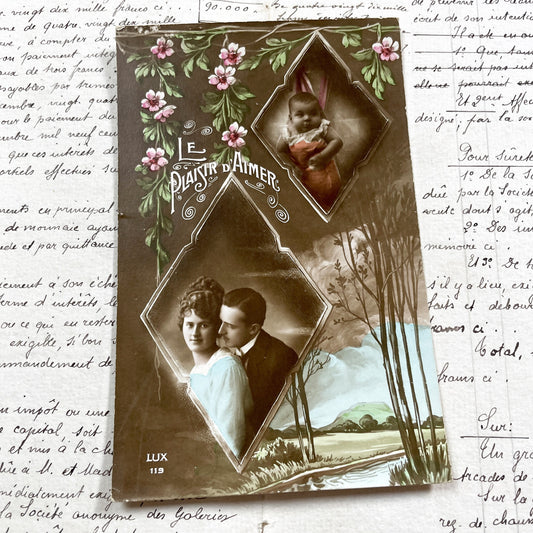 1910s - Antique French Postcard - Le Plaisir D'Aimer - Sepia Photo Insets - Romantic Couple - Lux 119 - Chromo Love Card
