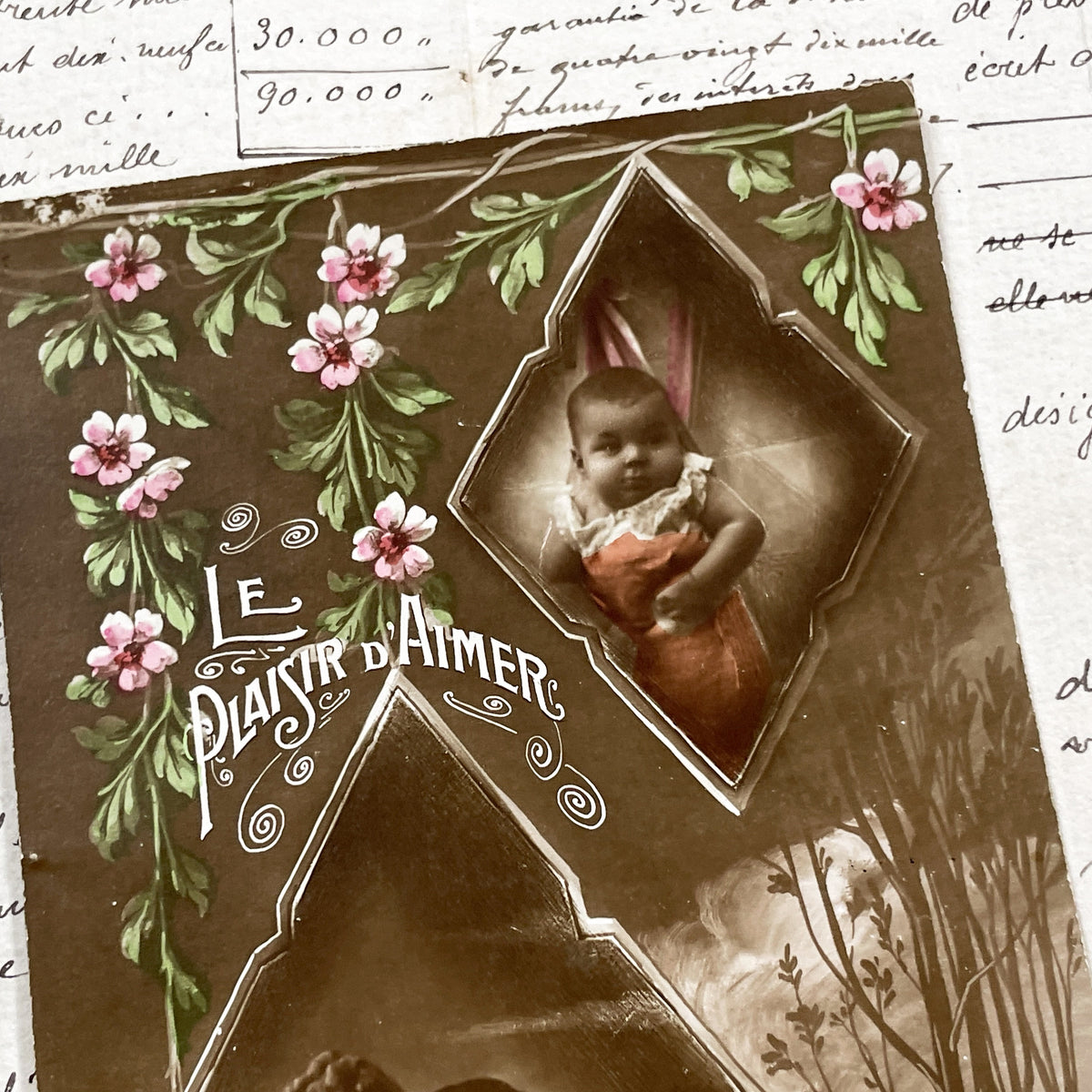 1910s - Antique French Postcard - Le Plaisir D'Aimer - Sepia Photo Insets - Romantic Couple - Lux 119 - Chromo Love Card