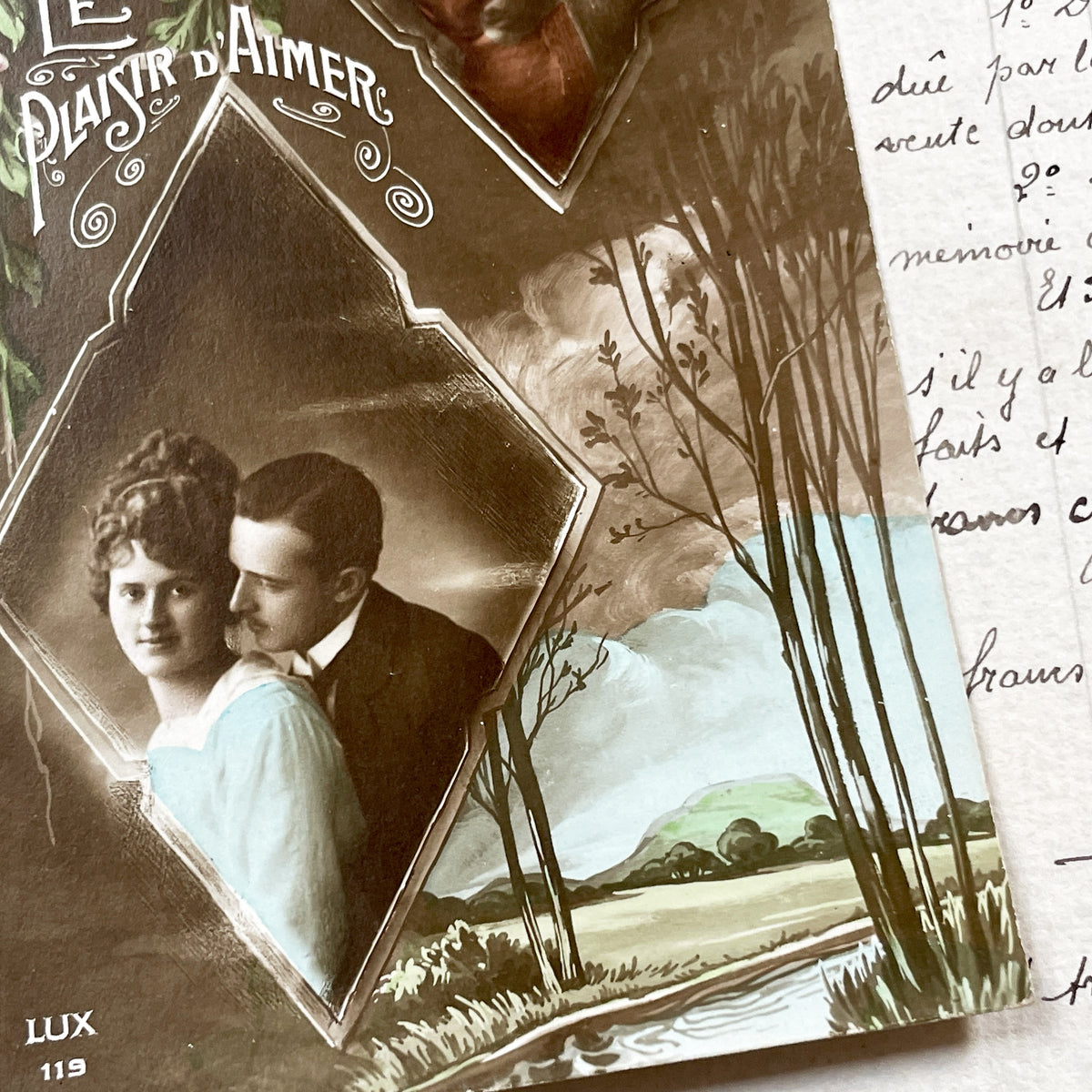 1910s - Antique French Postcard - Le Plaisir D'Aimer - Sepia Photo Insets - Romantic Couple - Lux 119 - Chromo Love Card