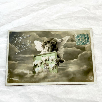 1900s - Antique French Christmas Postcard with Angel - Sheep Toys - Joyeux Noël - Vintage Ephemera - Collectible Art