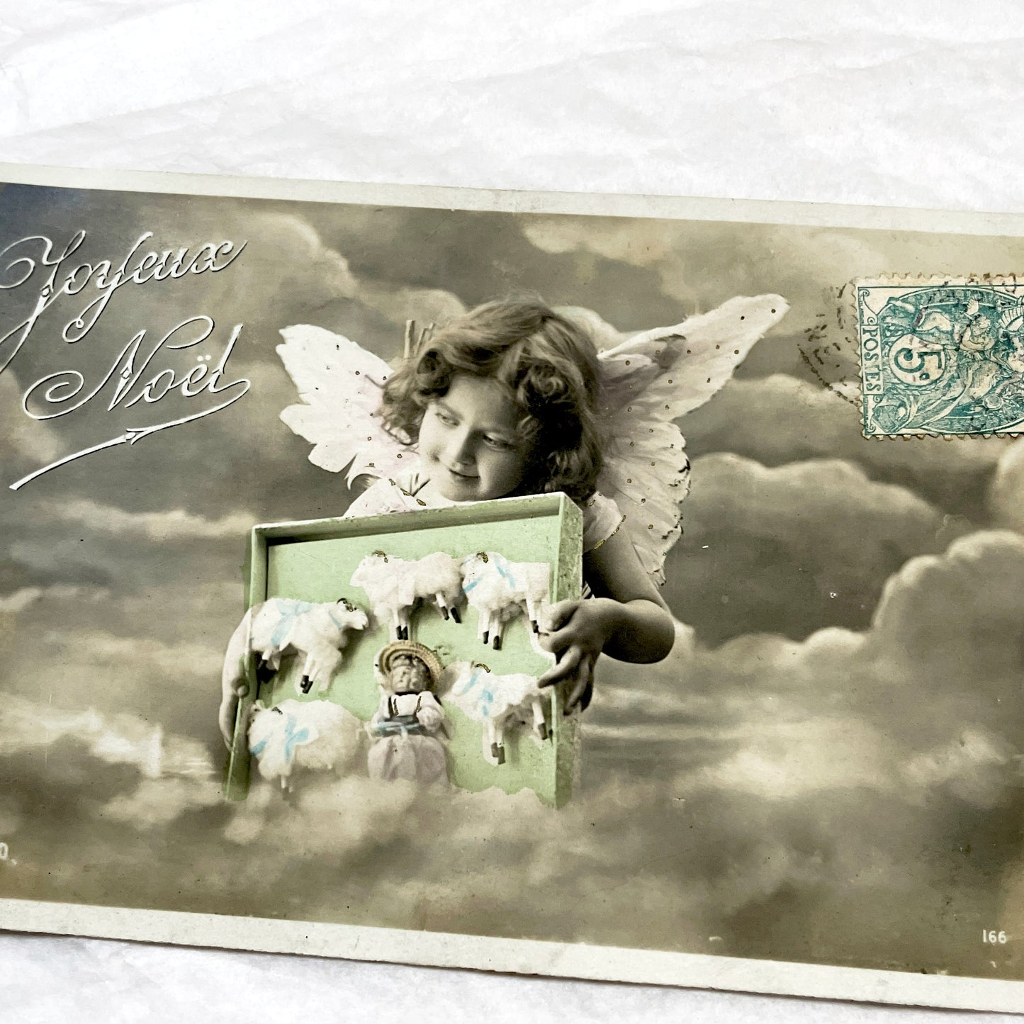 1900s - Antique French Christmas Postcard with Angel - Sheep Toys - Joyeux Noël - Vintage Ephemera - Collectible Art