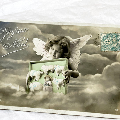 1900s - Antique French Christmas Postcard with Angel - Sheep Toys - Joyeux Noël - Vintage Ephemera - Collectible Art