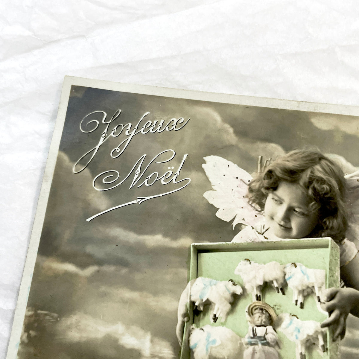 1900s - Antique French Christmas Postcard with Angel - Sheep Toys - Joyeux Noël - Vintage Ephemera - Collectible Art
