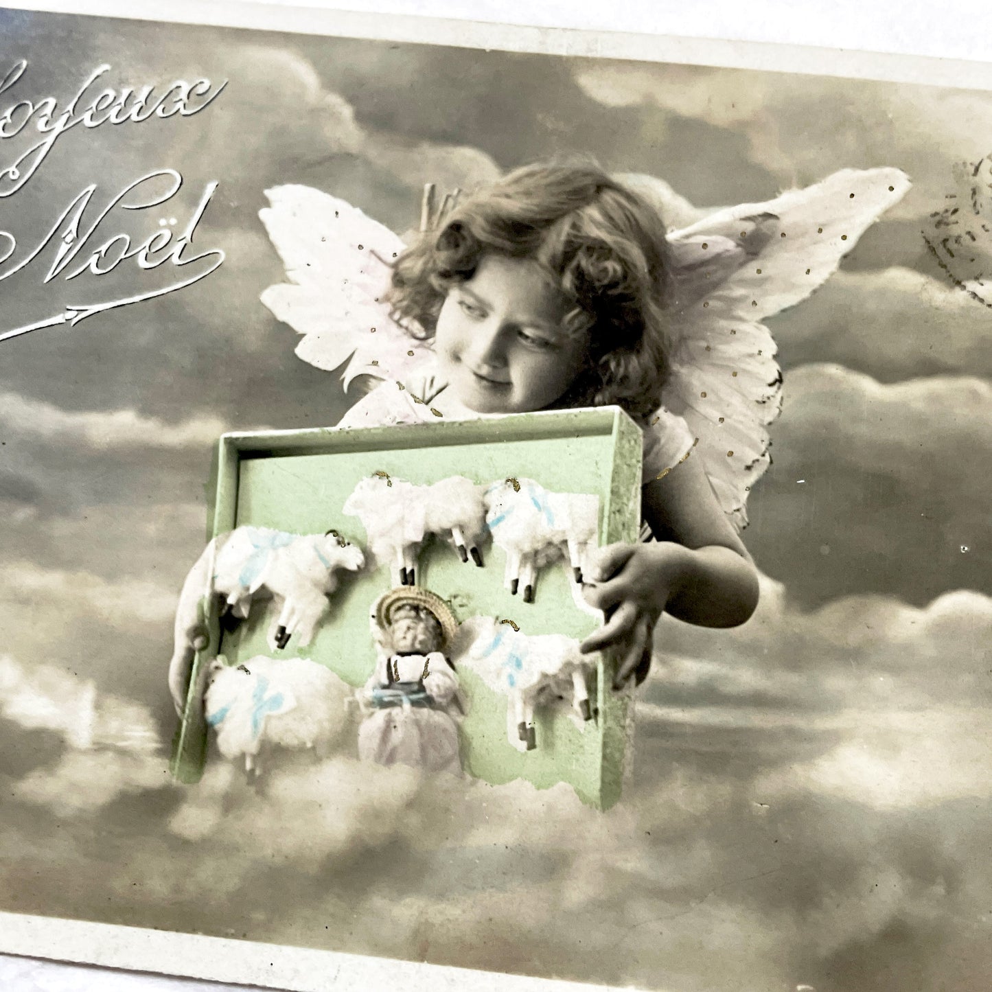 1900s - Antique French Christmas Postcard with Angel - Sheep Toys - Joyeux Noël - Vintage Ephemera - Collectible Art