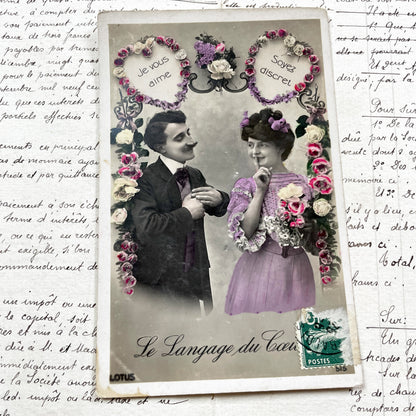 1900s - Antique French Postcard - Le Langage Du Coeur - Vintage Hand-Tinted Photo - Romantic Secret Love Message - Edwardian Era Ephemera