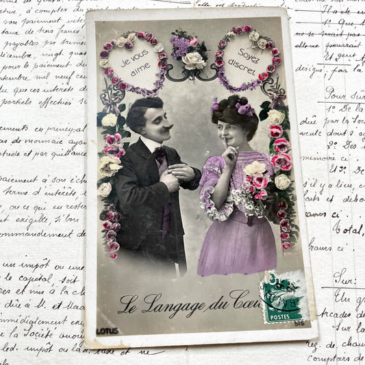 1900s - Antique French Postcard - Le Langage Du Coeur - Vintage Hand-Tinted Photo - Romantic Secret Love Message - Edwardian Era Ephemera