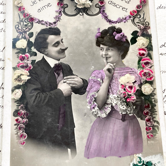 1900s - Antique French Postcard - Le Langage Du Coeur - Vintage Hand-Tinted Photo - Romantic Secret Love Message - Edwardian Era Ephemera