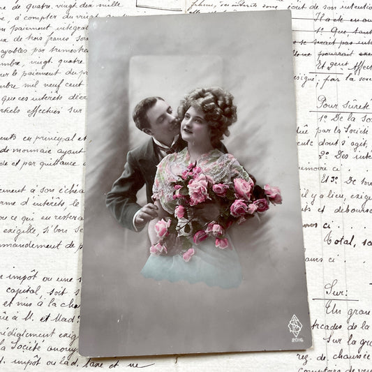 1910s - Romantic Hand-Colored Kissing Couple Postcard - Vintage Love Scene - Edwardian Era Affection - Real Photo Card Collectible