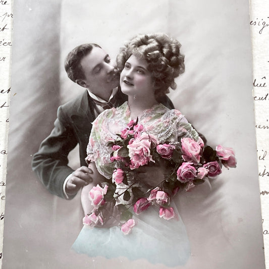 1910s - Romantic Hand-Colored Kissing Couple Postcard - Vintage Love Scene - Edwardian Era Affection - Real Photo Card Collectible