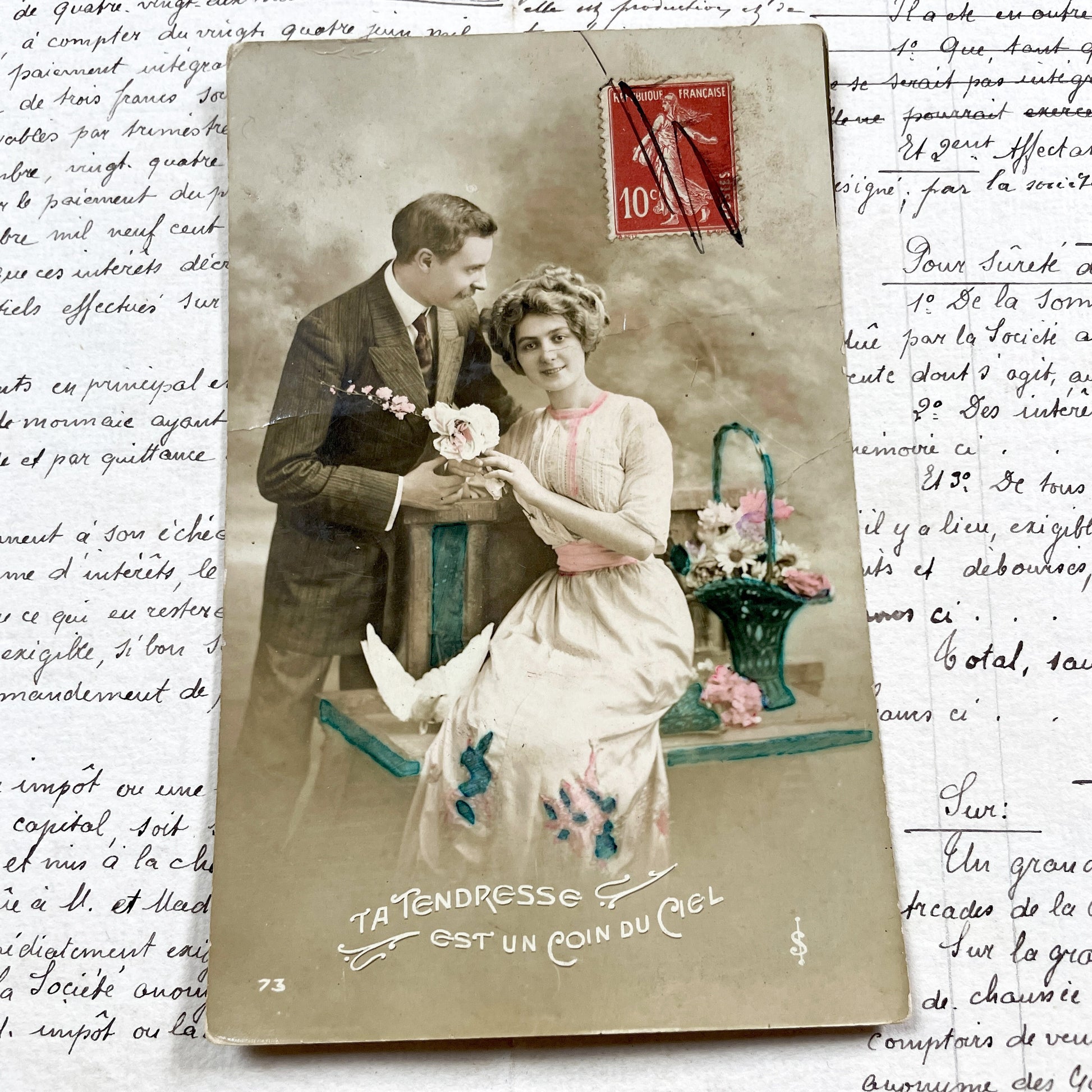 1910s - Vintage French Romantic Postcard - Tinted Photo Couple With Dove - Early 20th Century Love - French Ephemera Sentimental Art