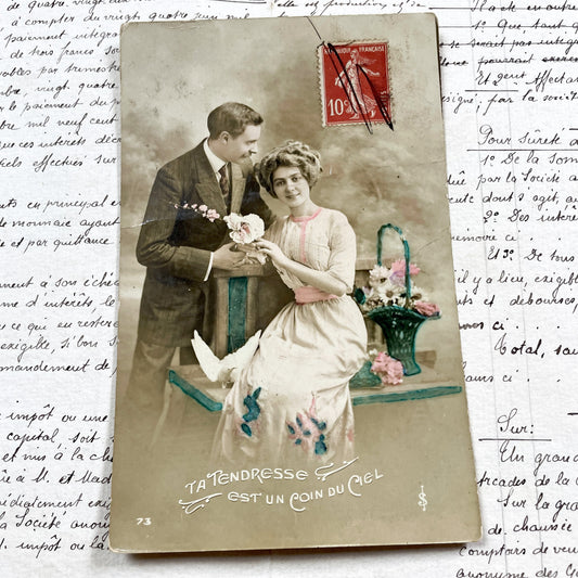 1910s - Vintage French Romantic Postcard - Tinted Photo Couple With Dove - Early 20th Century Love - French Ephemera Sentimental Art