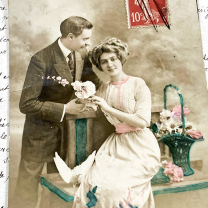 1910s - Vintage French Romantic Postcard - Tinted Photo Couple With Dove - Early 20th Century Love - French Ephemera Sentimental Art