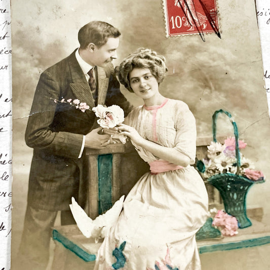 1910s - Vintage French Romantic Postcard - Tinted Photo Couple With Dove - Early 20th Century Love - French Ephemera Sentimental Art