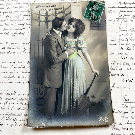 1910s - French Postcard - Antique Romantic Couple Embrace - Hand-Colored Photo - Art Nouveau Era - Vintage Collectible Card - Love Token