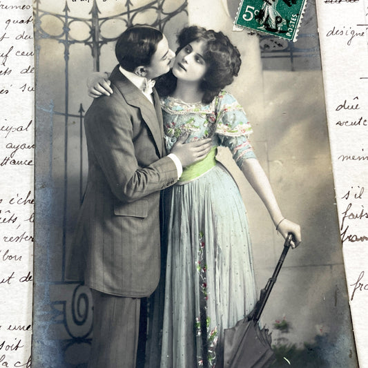 1910s - French Postcard - Antique Romantic Couple Embrace - Hand-Colored Photo - Art Nouveau Era - Vintage Collectible Card - Love Token