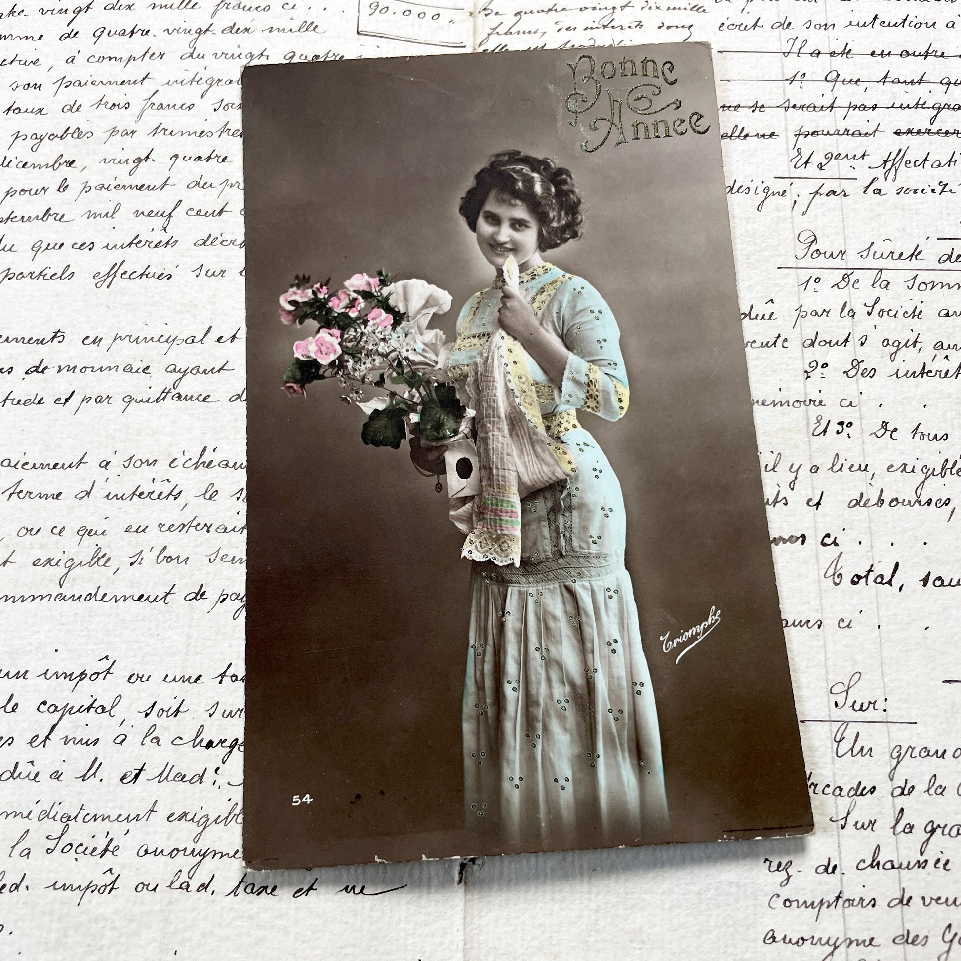 1900s - Hand-Colored French New Year Postcard - Antique Woman Portrait with Flowers - Belle Époque Ephemera - Collectible Art Print.