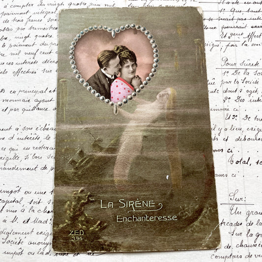 1900s - Vintage French Postcard - Romantic Couple Pearl Heart Frame - Ethereal Siren Mythological Art Nouveau Chromo