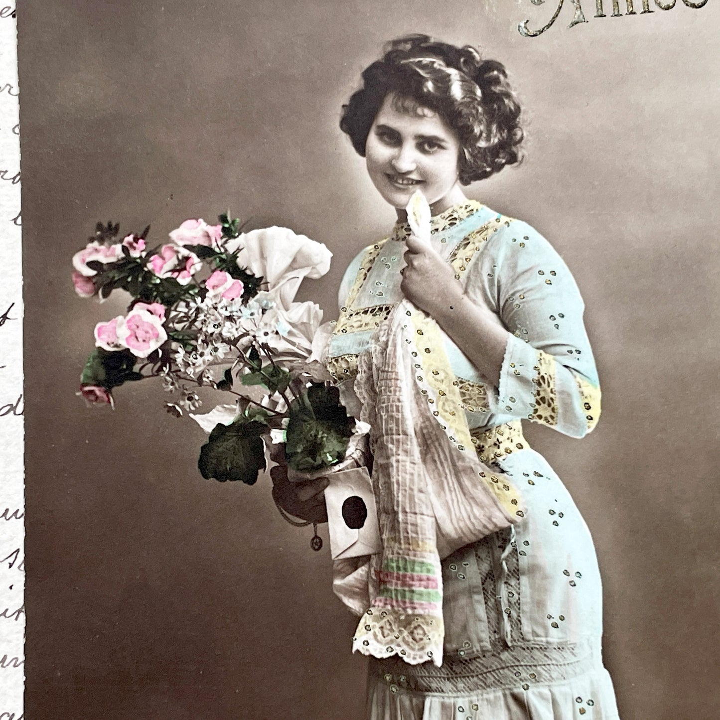1900s - Hand-Colored French New Year Postcard - Antique Woman Portrait with Flowers - Belle Époque Ephemera - Collectible Art Print.