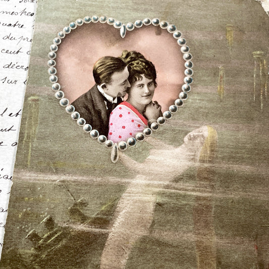1900s - Vintage French Postcard - Romantic Couple Pearl Heart Frame - Ethereal Siren Mythological Art Nouveau Chromo