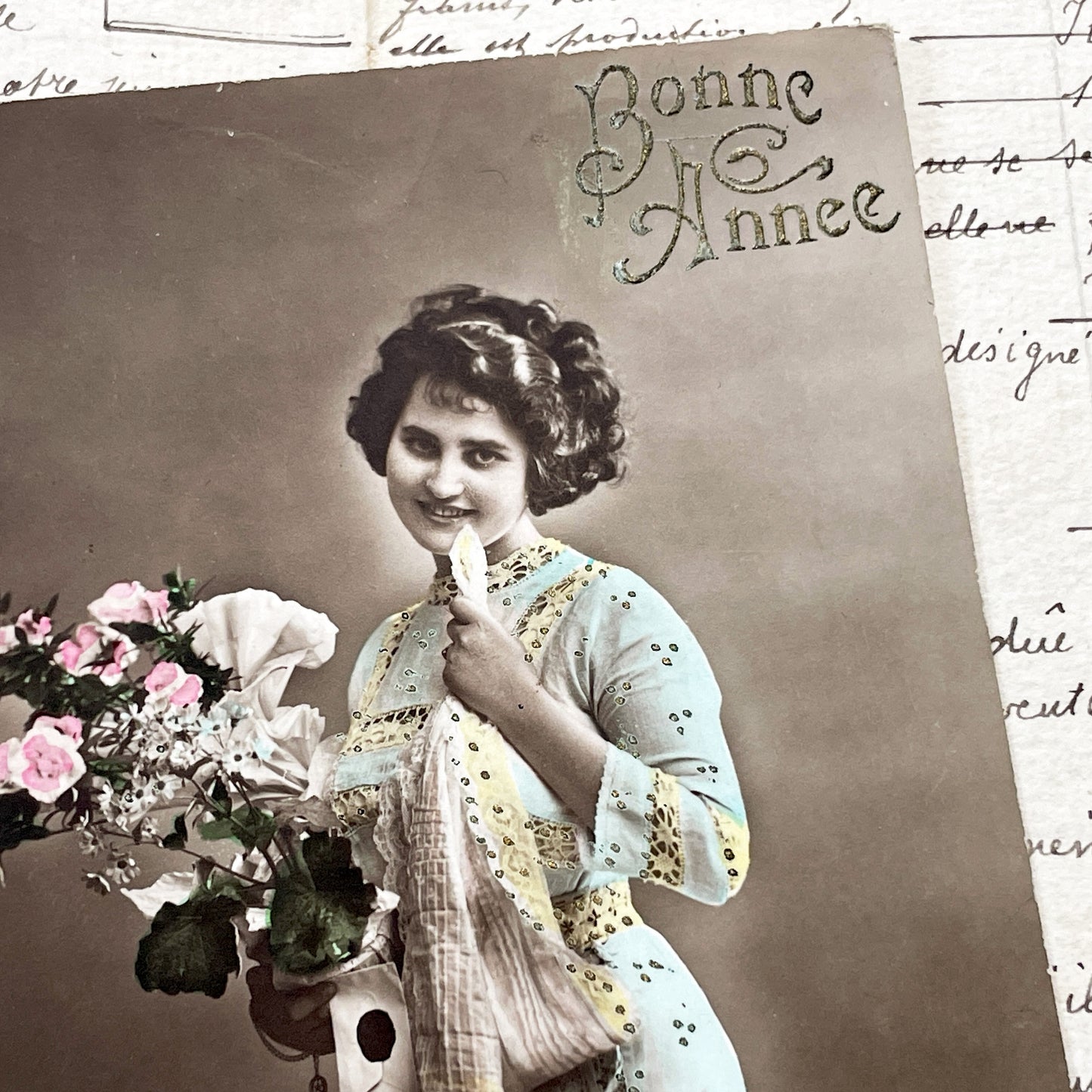 1900s - Hand-Colored French New Year Postcard - Antique Woman Portrait with Flowers - Belle Époque Ephemera - Collectible Art Print.