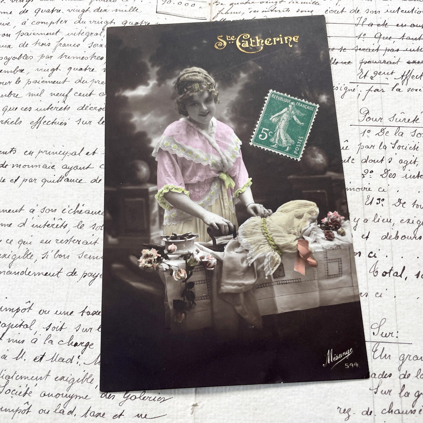 1910s - French Hand-Colored Sepia Postcard - Young Woman Ironing - Vintage Domestic Life Collectible - 'Ste Catherine' Card by Mesange