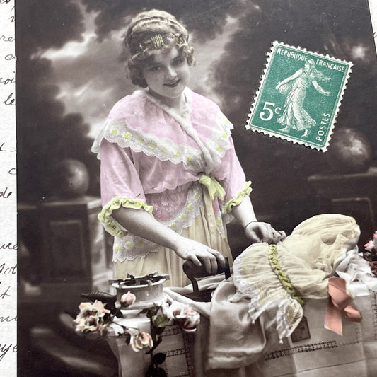 1910s - French Hand-Colored Sepia Postcard - Young Woman Ironing - Vintage Domestic Life Collectible - 'Ste Catherine' Card by Mesange